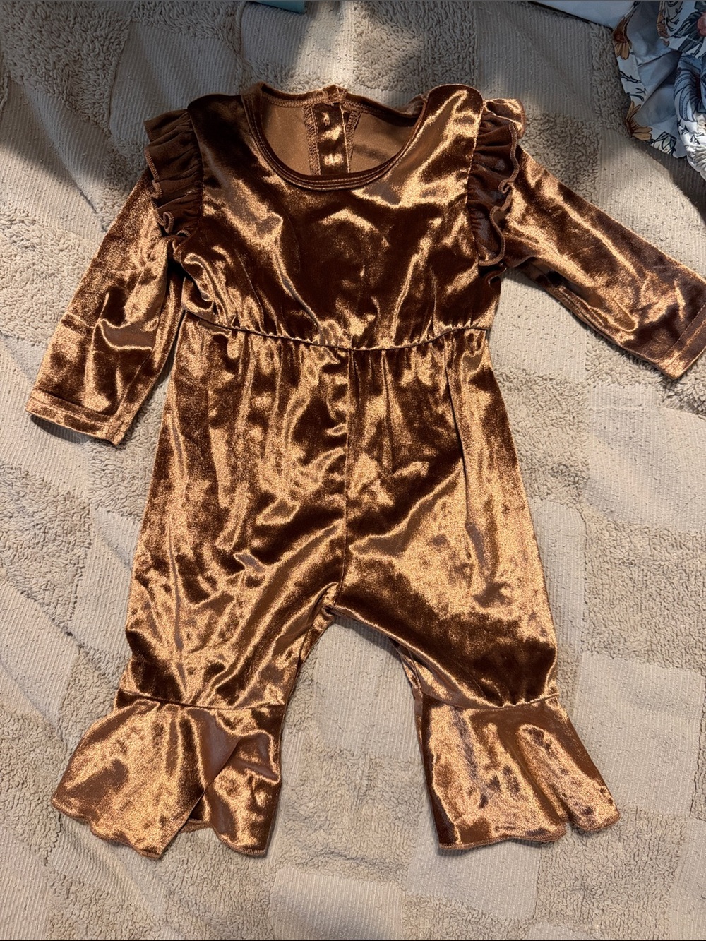 SHEIN Brown Velvet Ruffle Long-Sleeve Baby One-Piece
